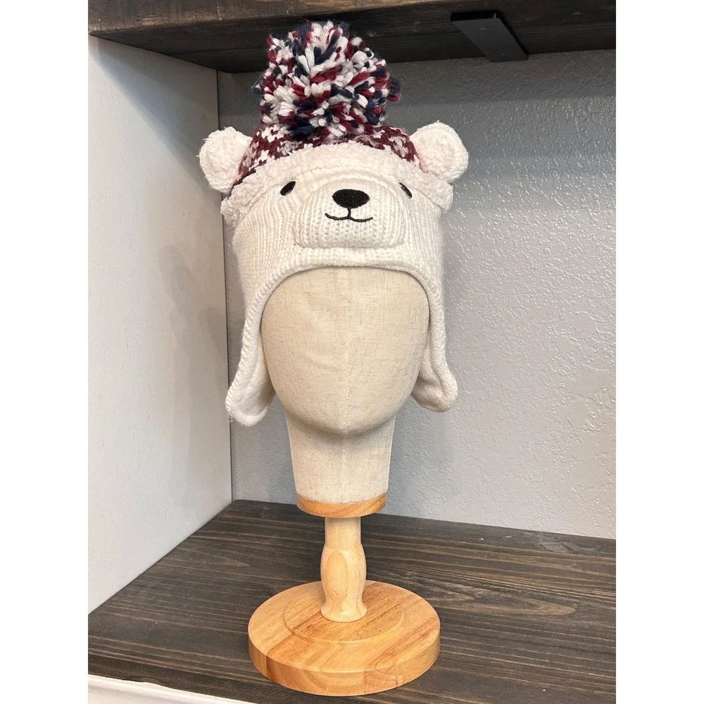 Polar Bear Knit Hat Beanie White Red Blue Pom Pom Winter Fall‎